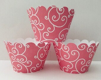 Pink and White Swirl Cupcake Wrappers, Party decorations, cupcake holders, party supplies, cupcake wraps, cupcake sleeves, baby shower decor