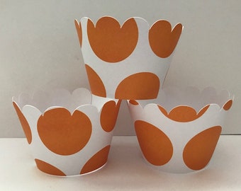 Orange & White Polka Dot Cupcake Wrappers, Baby Shower Party decorations cupcake holders, party supplies Cup wraps sleeves paper goods
