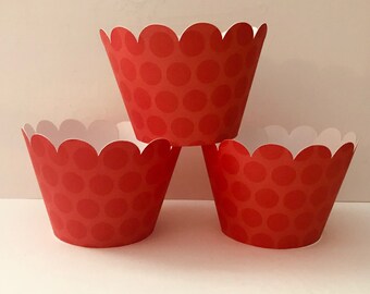 Dark Red & Light Red Polka Dot Cupcake Wrappers, Baby Shower Party decorations holders party supplies Cup wraps sleeves paper good Christmas