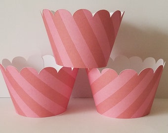 Red and Pink Striped Cupcake Wrappers, Party decorations, cupcake holders, party supplies, cupcake wraps, cupcake sleeves, paper goods