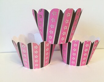Set of 6 Pink and Black Stars Cupcake Wrappers, party decorations, cupcake holders, party supplies, cupcake wraps, sleeves, paper goods