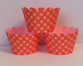 Orange & Light Pink Dot Cupcake Wrappers, Party decorations, cupcake holders, party supplies, cupcake wraps, cupcake sleeves, paper goods