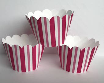 Pink and White Stripe Cupcake Wrappers, Party decorations, cupcake holders, party supplies, cupcake wraps, sleeves, paper goods, girl party