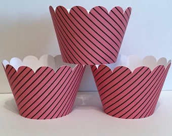 Pink And Black Striped Cupcake Wrappers, Party decorations, cupcake holders, party supplies, cupcake wraps, cupcake sleeves, paper goods