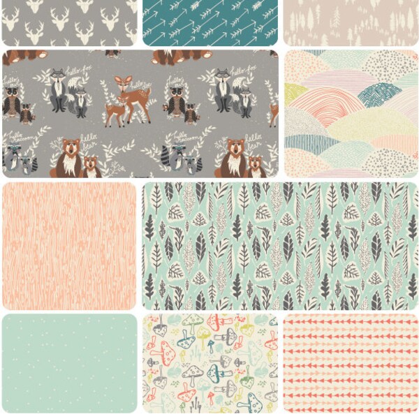 1/2 Yard Bundle (10 prints) 5 yards total - Hello, Bear by Bonnie Christine / Stone Palette / Woodland / Art Gallery