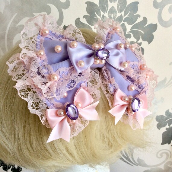 Beautiful Pink Lilac Hair Bow Decoration Lolita Rhinestone Etsy