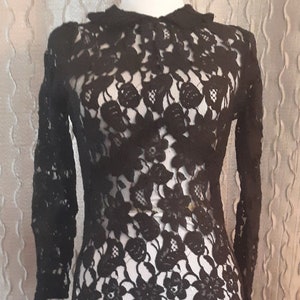 Vintage 1940&#39;s Black Floral Lace Empire High Collar Long Sleeve Dress with Matching Sleeveless Shell