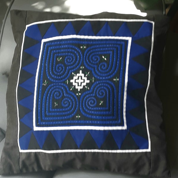 Vintage 1970's Handmade Paj Ntaub "Pan Dow", Hmong Textile, Hmong Embroidery Pillow Case 14" x 14", by Chia Yang