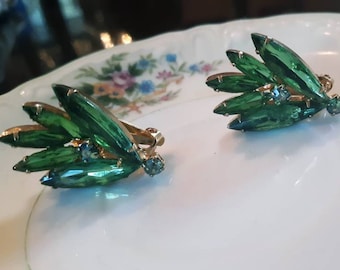 Vintage Green Crystal Glass Leaf Shaped Clip On Earrings