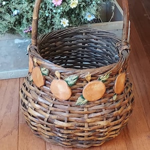 Vintage Wicker Basket with Hand Painted Peaches