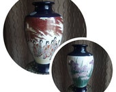 Japanese Meiji Period Cobalt Blue Satsuma Vase, 1868-1912, Irises and Elegant Figures Lovely Geisha