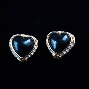 Vintage Joan Rivers Faux Onyx and Rhinestone Heart Clip On Earrings