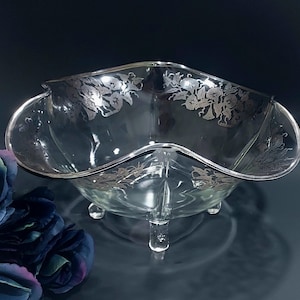 Vintage Sterling Silver Overlay Floral Ruffled Glass Footed Serving Bowl