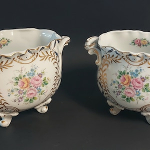 Vintage Set of 2 Footed Porcelain Floral Bowls with Handles, Hand Painted, Gold Gilt