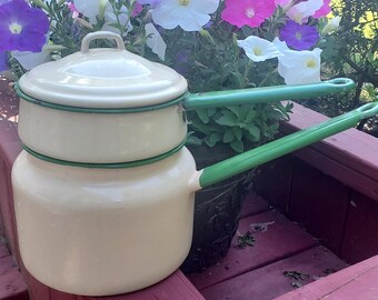 Vintage Green and Cream Enamel Double Boiler