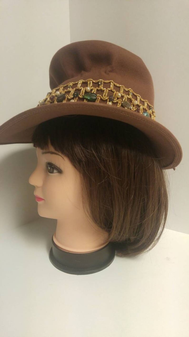 Vintage 1970/'s Brown Felt Wide Rim Hat with Gold Elastic Trim Accnted with Faux Gemstones