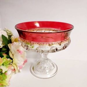 Vintage Kings Crown Ruby Flashed Tiffin Compote, Kings Crown Ruby Tiffin Dessert Bowl