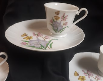 Lily Snack Set of 4, Luncheon Plates and Tea Cups, Made in Japan