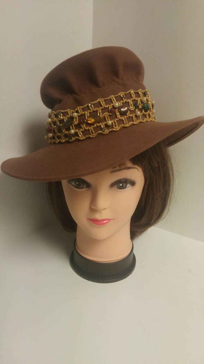 Vintage 1970/'s Brown Felt Wide Rim Hat with Gold Elastic Trim Accnted with Faux Gemstones