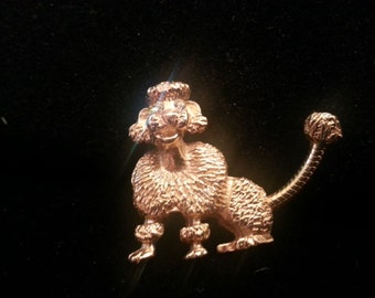 Vintage Gold Tone Poodle Pin,Brooch with Flexible Tail and Rhinestone Eyes