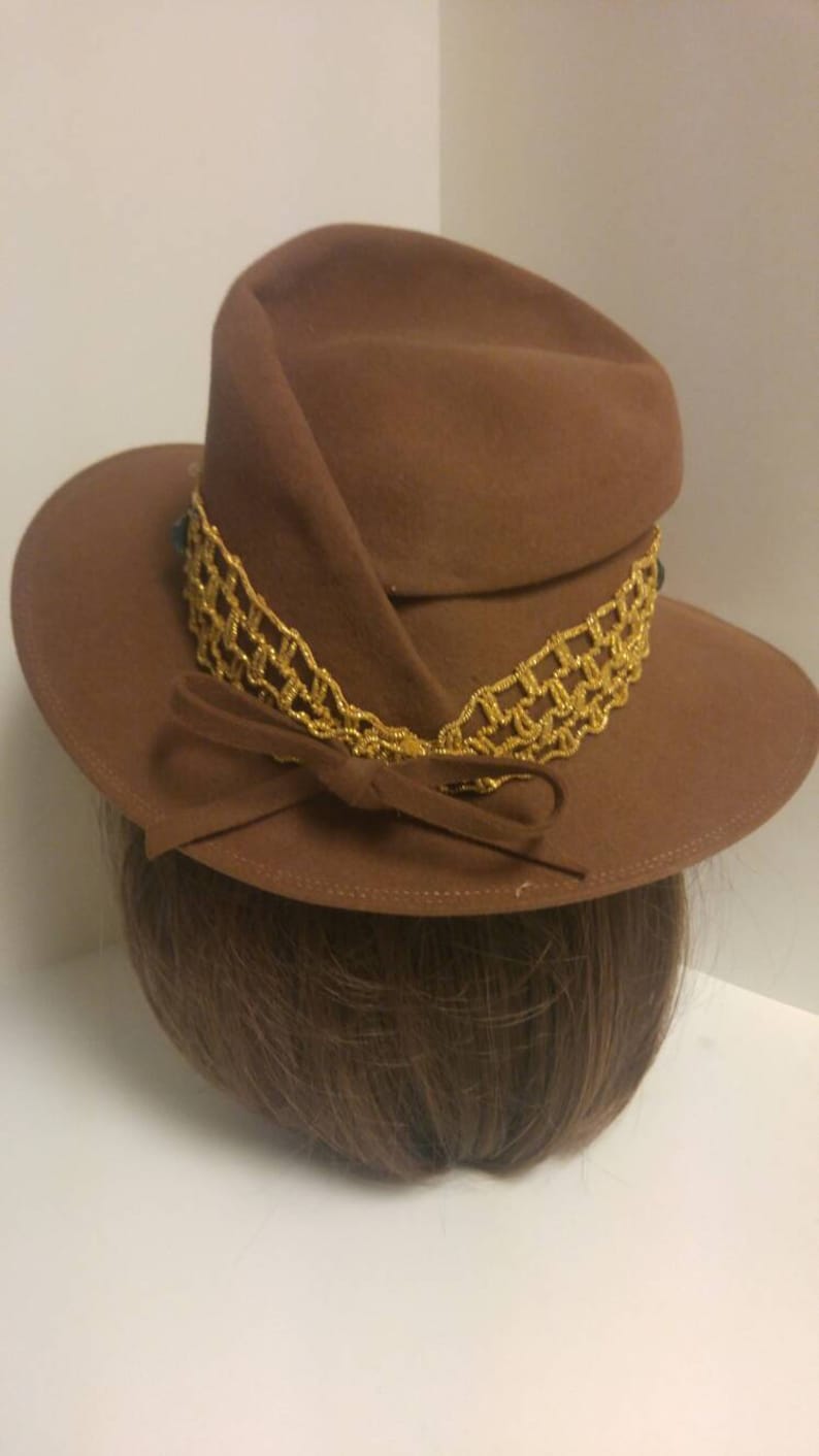 Vintage 1970/'s Brown Felt Wide Rim Hat with Gold Elastic Trim Accnted with Faux Gemstones