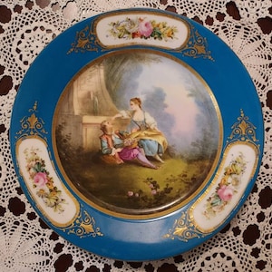 Vintage Sevres 1878 Bleu Celeste Lovers in the Garden Porcelain Cabinet Plate