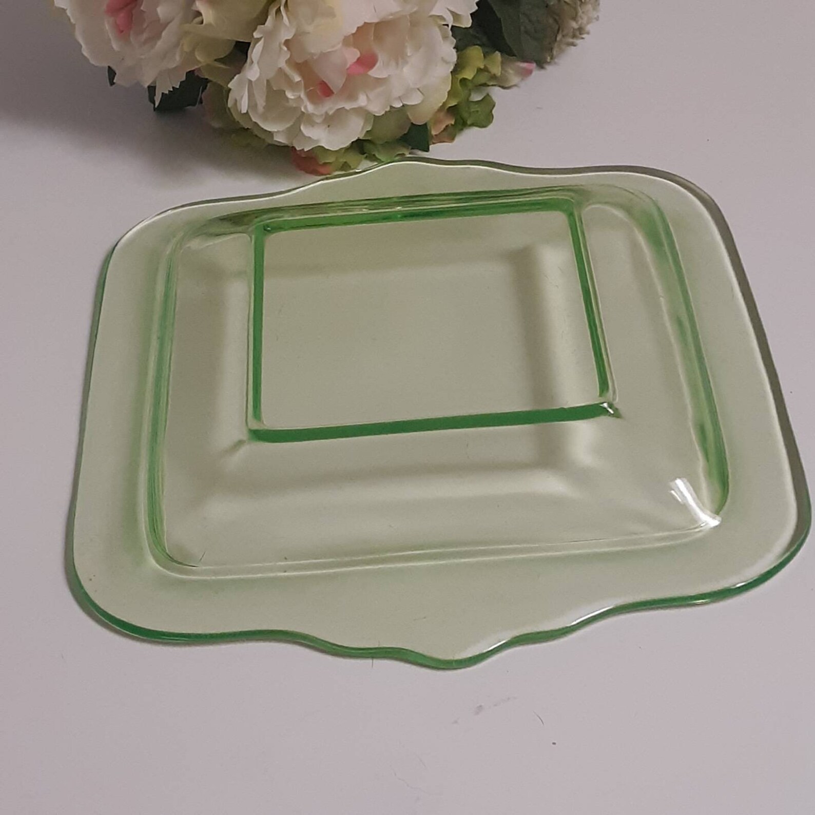 Vintage Green Depression Glass Square Dinner Plate Vintage Etsy