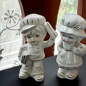 Vintage White and Gold Porcelain Boy and Girl, White Porcelain Paper Boy, White Porcelain Girl Holding Basket