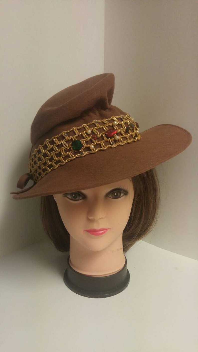 Vintage 1970/'s Brown Felt Wide Rim Hat with Gold Elastic Trim Accnted with Faux Gemstones