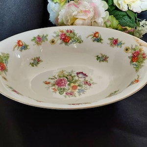 Vintage Aichi China Oval Vegetable Bowl, Floral Bouquets All Over With Gilded Trim, 10 1/2 inch