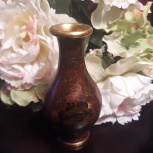 Vintage Small Brass Cloisonne Vase with Black,Brown,Amber Flowers and Burnt Orange Background