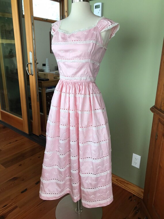 Pink! Vintage 1950s Cotton Eyelet and Lace Dress,… - image 1