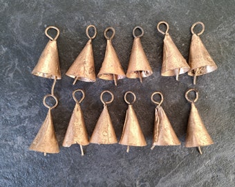 Damaged Set of 10 Cone shaped cow bells with small imperfections, Rustic Rusty Vintage, swiss cattle, supply diy jingle gold bronze brass