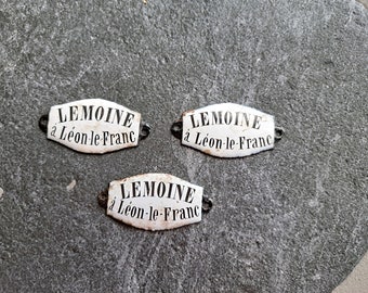 Set of 3 Antique enamel signs or plaques, LEMOINE a Léon-le-Franc, Creuse, Antique 1800s, French Vintage label, farnhouse cottage rustic