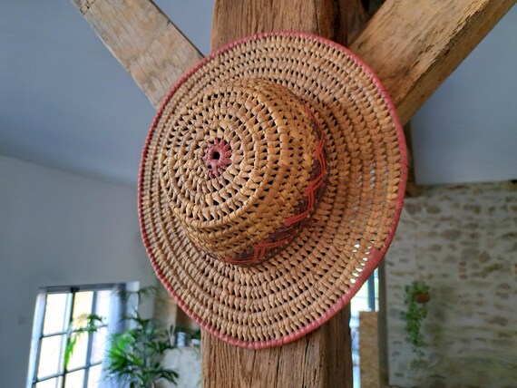 Antique solid Straw Wicker Fedora Hat, French Vin… - image 1