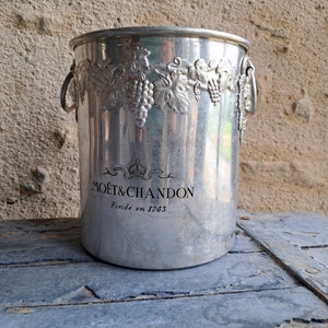 Large Champagne bucket Moët et Chandon with amazing grapevine decoration, French Vintage, Aluminum party New Year celebration table decor