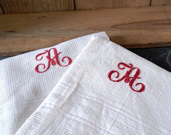 French vintage Cotton tea towels with Monogram A, cloths, fabric, white kitchenware, kitchen decor, washing up, dishes, art project letter A