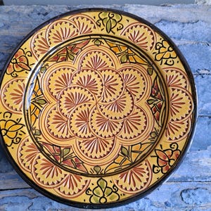 Ochre yellow Vintage Moroccan Safi Ceramic Plate, Burgundy Hand painted 3D Star Design, Terracotta ceramic stoneware, French vintage bowl