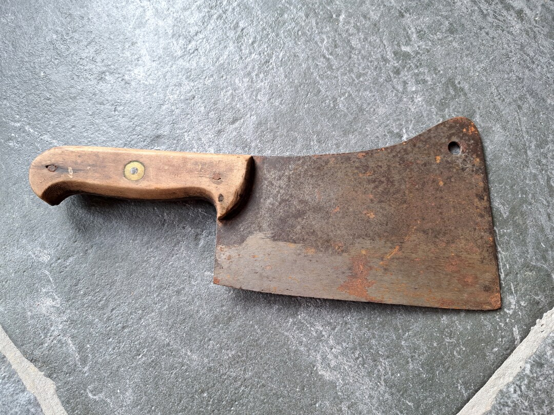 Antique Butcher Cleaver Knife With Oak Wood Handle Beef Etsy