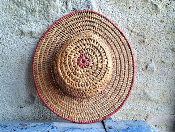Antique solid Straw Wicker Fedora Hat, French Vin… - image 2