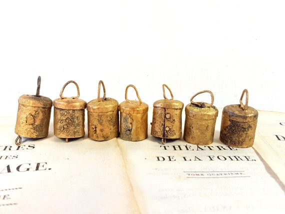 Set of 8 Rustic Rusty Vintage Cow Bells, Bronze Brass Gold colored,  recycled metal, made in India, swiss cow bell, cattle bell, supply diy