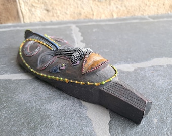 Handmade  Mask Africa, French vintage, black wooden Mask with small dots and colors, collectible boho bohemian