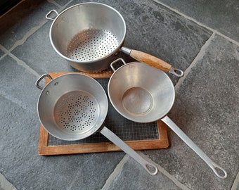 Collection set of 3 Antique aluminum colanders strainers, with wooden handle, French Vintage, Industrial Kitchen utensils, trivet strainer