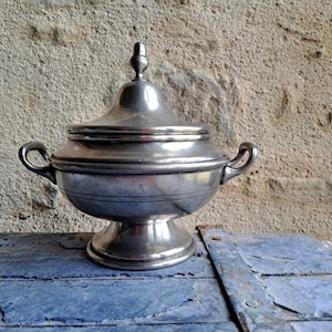 Cute Antique Pewter Soup Tureen with plate, set, French Vintage, Large, tableware, silver, serving, table decoration, Christmas