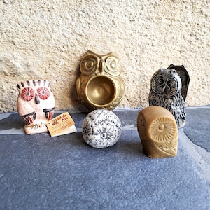 Owl figurine sculptures stone silver pewter, French Vintage collectible, statue ornament, Handmade, folk art, forest animal bird decor gift