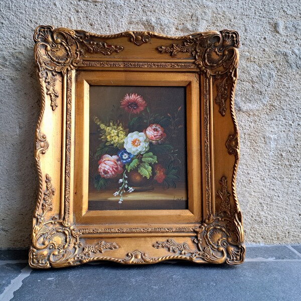 Cadre doré ancien avec fleurs, cadre photo miroir, impression d'art vintage française, cottage rustique blanc blanc cassé, bois gris