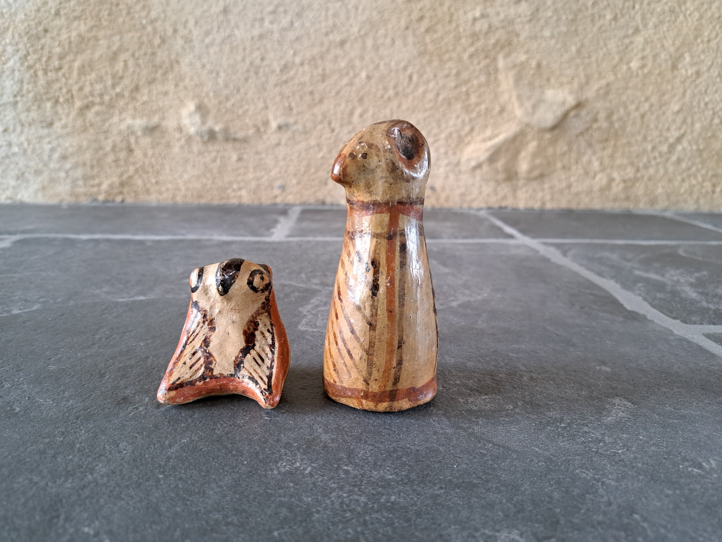 Set of 2 Antique small owl figurines, Vintage handmade Hand Painted Stoneware folk art souvenir Hand