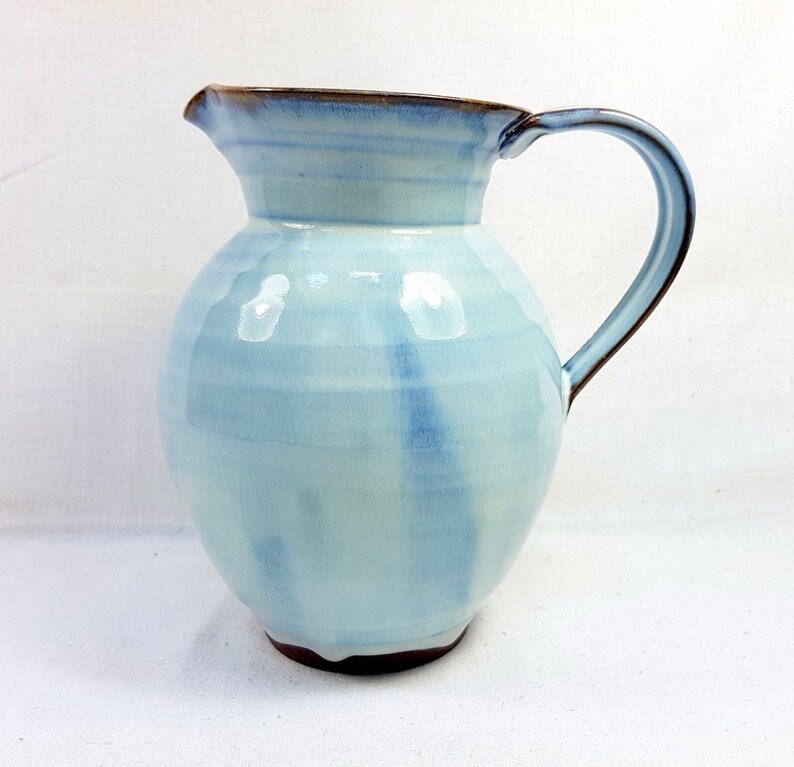 Wine Large Carafe Earthenware Jug Jar pot Bottle Vase Antique French Vintage Clear Sky Blue unique handmade pottery Water handle