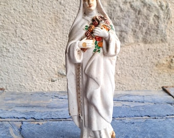 Sainte Thérèse de l'Enfant Jésus, nonne carmélite, figurine en craie, statue en plâtre, antique religieux français vintage
