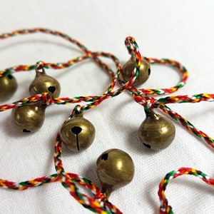 10 Small Brass Jingle Bells Colorful Cord Hanging Bells 1 yard long decorative Strand boho Windchime retro cow cord Tiny handmade India image 3